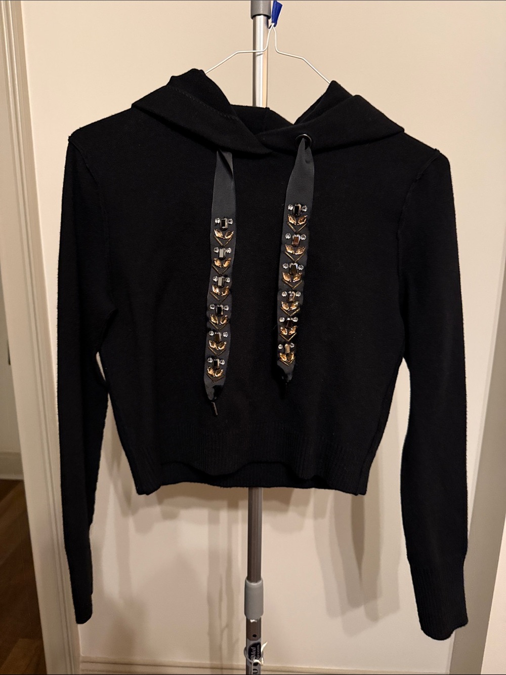 Zara Black Cropped Hoodie with Studded Ribbon Ties